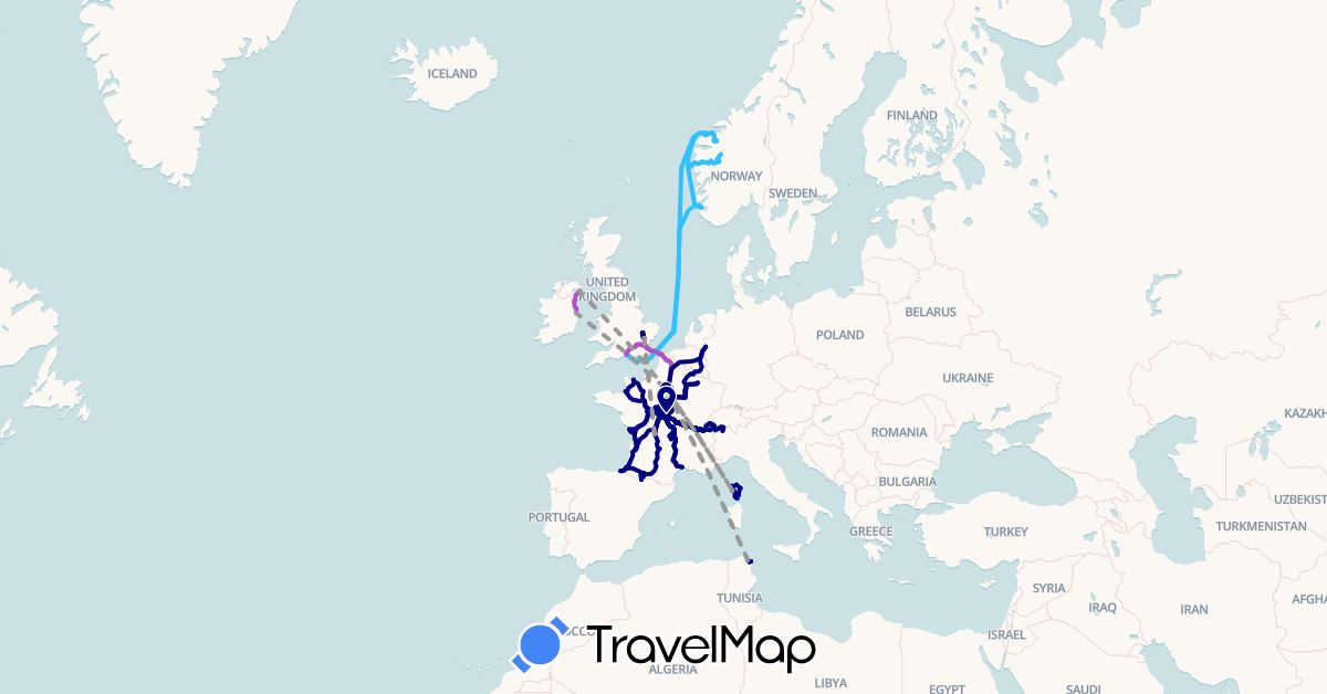 TravelMap itinerary: driving, plane, train, boat in Switzerland, Spain, France, United Kingdom, Ireland, Netherlands, Norway, Tunisia (Africa, Europe)